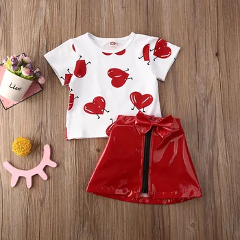 

Pudcoco Toddler Baby Girl Clothes Valentine Love Peach Heart Print T-Shirt Tops Leather Skirt 2Pcs Outfits Clothes