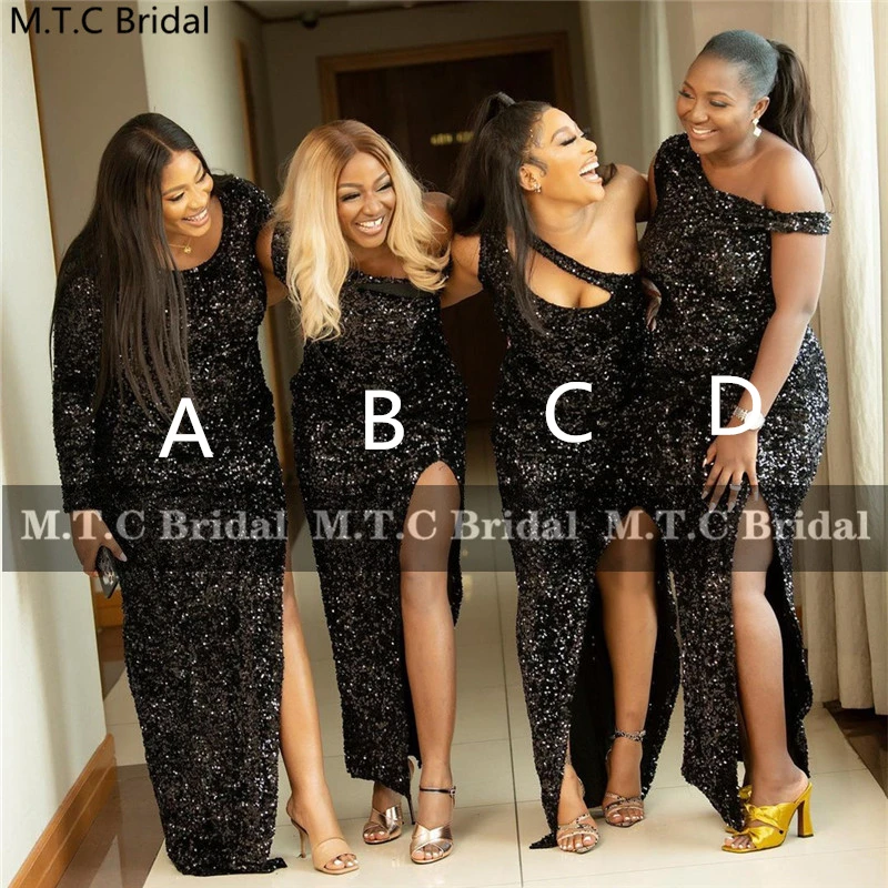 Sparkly Black Long Bridesmaid Dresses 4 Styles Straight Side Slit Sequins Black Girls Maid Of Honor Gowns Custom Made
Sparkly Black Long Bridesmaid Dresses 4 Styles Straight Side Slit Sequins Black Girls Maid Of Honor Gowns Custom Made