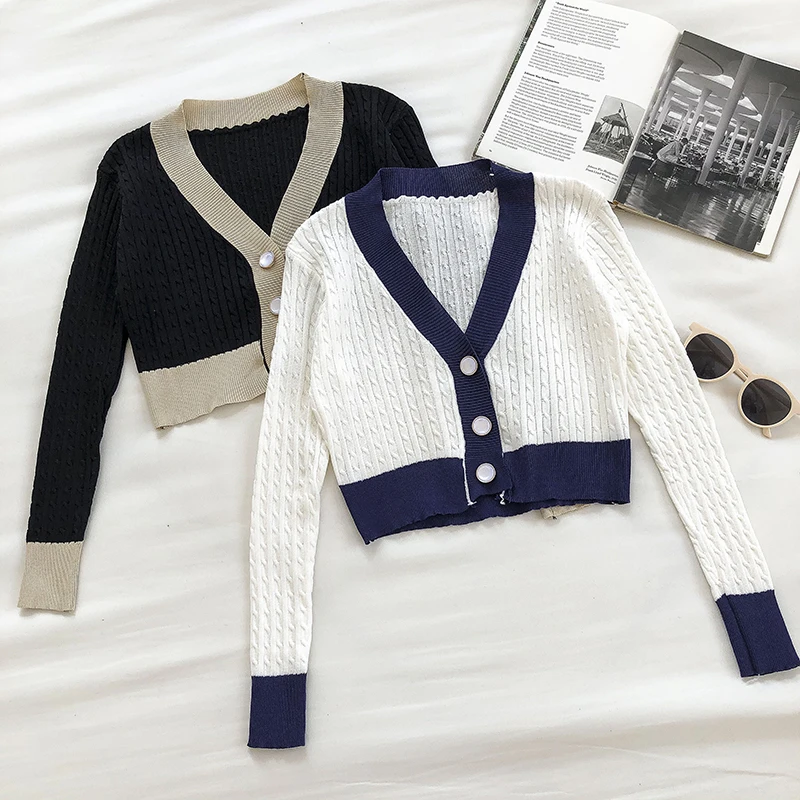 2020 Autumn Short Slim Retro Contrasting Color V-Neck Knit Cardigan Women Three Button Long Sleeve Pull Femme
2020 Autumn Short Slim Retro Contrasting Color V-Neck Knit Cardigan Women Three Button Long Sleeve Pull Femme