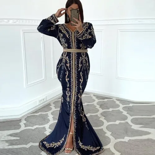 Navy Blue Moroccan Kaftan Dubai Evening Dresses Gold Lace Applique Taffeta Saudi Arabic Muslim Party Gowns Plus Size
Navy Blue Moroccan Kaftan Dubai Evening Dresses Gold Lace Applique Taffeta Saudi Arabic Muslim Party Gowns Plus Size