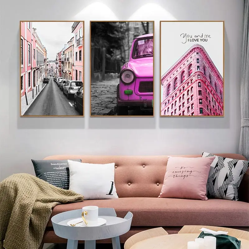Фото Автомобильный пейзаж холст Постер в скандинавском стиле розовое здание