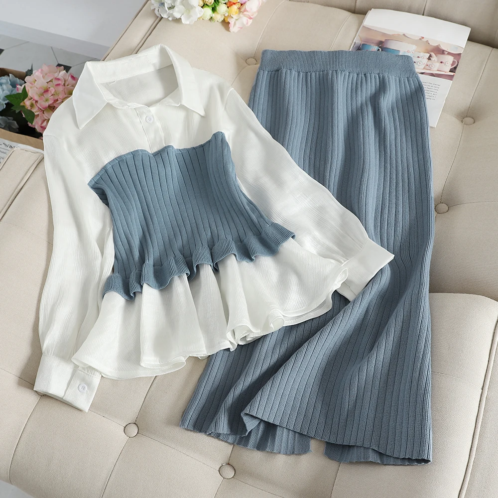 New Spring Autumn Fashion Women's Sets Slim OL Pullover Spliced Shirts High Waist Pencil Pleated Knitted Skirt 2 piece set Mw826
New Spring Autumn Fashion Women's Sets Slim OL Pullover Spliced Shirts High Waist Pencil Pleated Knitted Skirt 2 piece set Mw826