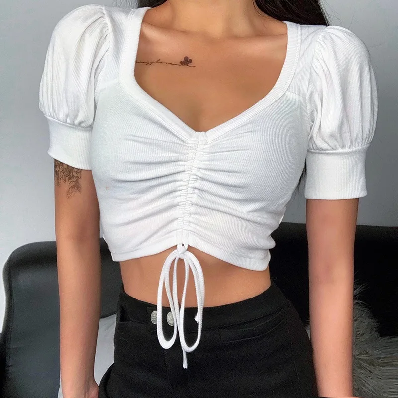

White T-shirt Crop Tops Women Puff Sleeve Bow Sexy Knitted V-Neck Short Sleeve Tshirt Summer Casual White Crop Tops Tshirt 2020