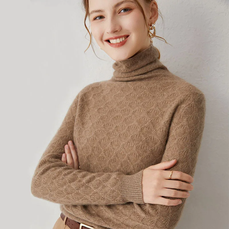 

Winter New Slim Fitting Long Sleeve Cashmere Bottomed Sweater Women's Sweater Pile Collar Full Body Jacquard Cashmere Sweater