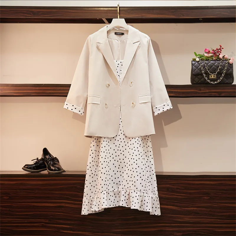 Apricot and White Notched Blazers Double Breasted +Dot Camisole Dress Womens 2 Piece Sets 2019 Elegant Women Set Plus Size 4XL
Apricot and White Notched Blazers Double Breasted +Dot Camisole Dress Womens 2 Piece Sets 2019 Elegant Women Set Plus Size 4XL