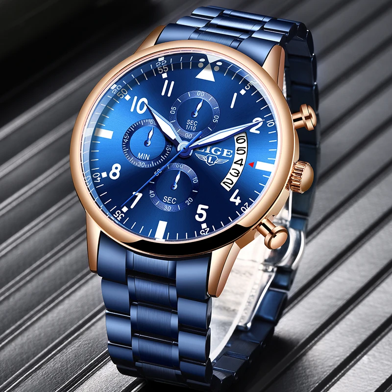 Relogio Masculino LIGE модные бизнес синие мужские часы Лидирующий бренд роскошные военные