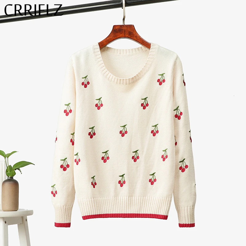 Фото Autumn Winter Preppy Style Sweet Knitted Sweater Women O-neck Thick Cherry Embroidered Full Sleeve Pullovers | Женская одежда