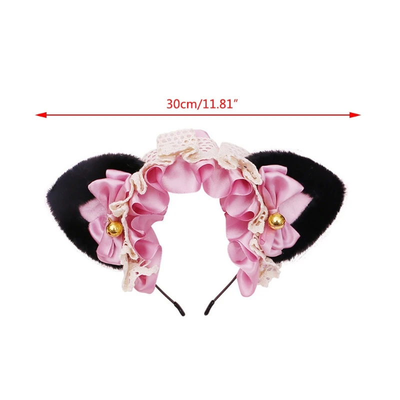 

Lolita Cosplay Animal Headband Plush Cat Ears Ruffled Lace Bow Bell Hair Hoop A0NF