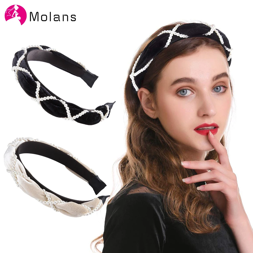 

MOLANS DESIGN Velvet Headband with Pearl Detail in Black Winter Soft Solid Pearls Hairbands for Women Non-slip Hair Accessories