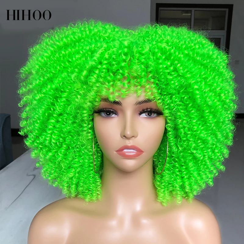 

14 Inch Short Afro Kinky Curly Wigs With Bangs For Black Women Cosplay Lolita Ombre Synthetic Natural Blonde Wig Green Pink Wig