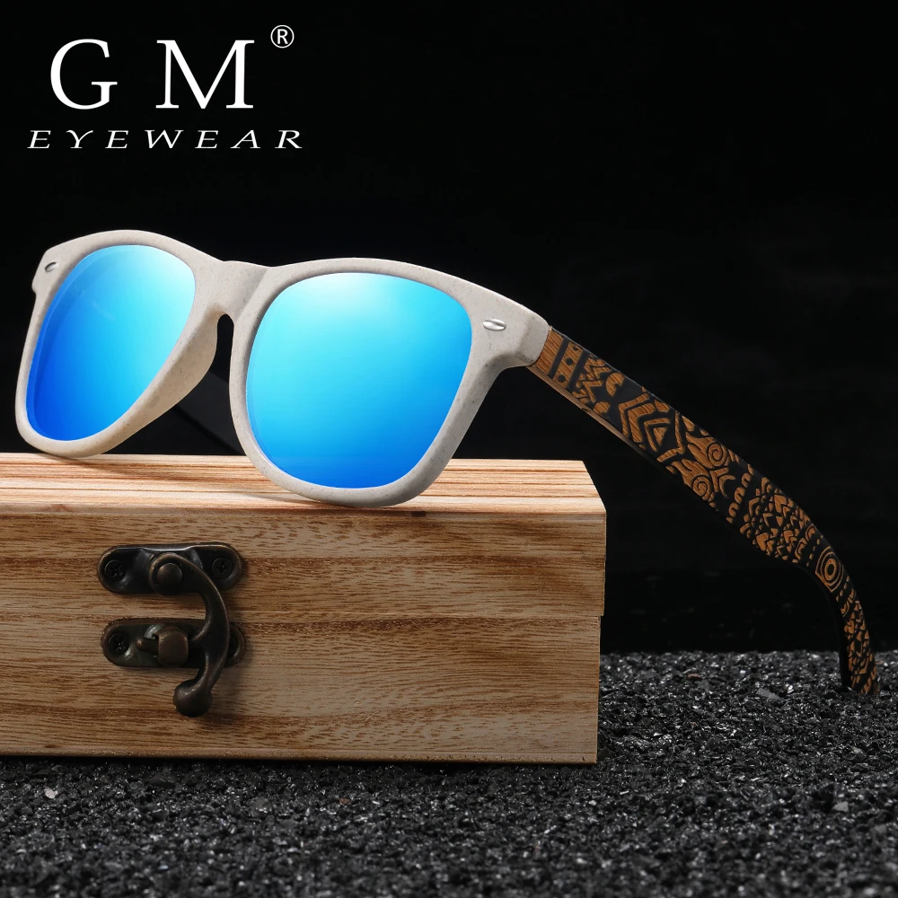 

GM Natural Bamboo Fashion Wooden Sunglasses Handmade Polarized Mirror Coating Lenses With Gift Box Temple Pattern Sunglasses