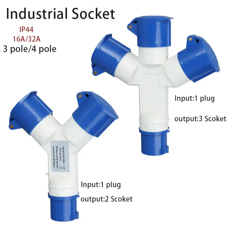 Industrial Plug and Socket 16A 32A 3 pole 4 pole ip44 Input 1 plug Output 2 Socket 3 Socket Waterproof 220V 380V 415V
Industrial Plug and Socket 16A 32A 3 pole 4 pole ip44 Input 1 plug Output 2 Socket 3 Socket Waterproof 220V 380V 415V