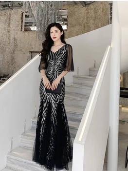 Black Evening Dress Double-V Tulle Sequins Formal Robe De Soriee Elegant Mermaid Prom Gowns Short-Sleeve Women Party Dresses 
Black Evening Dress Double-V Tulle Sequins Formal Robe De Soriee Elegant Mermaid Prom Gowns Short-Sleeve Women Party Dresses