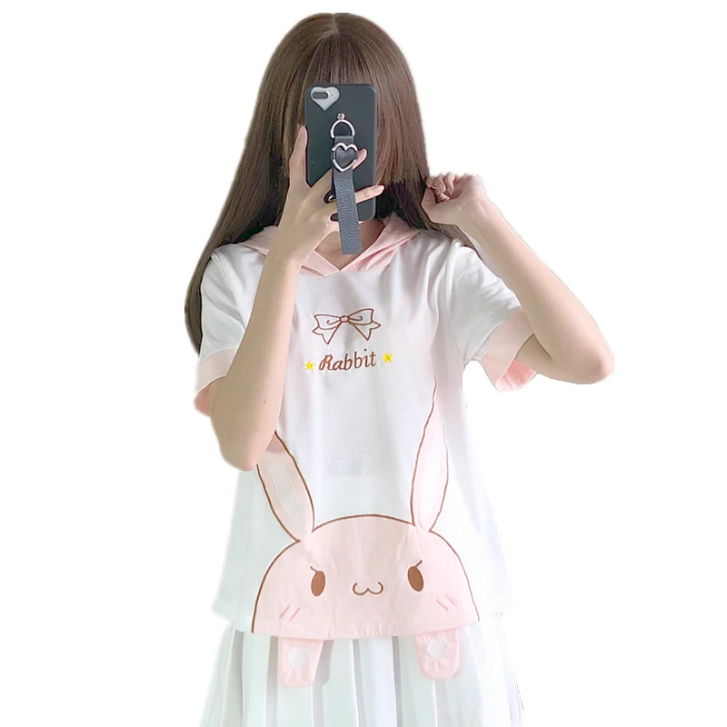 

Summer Kawaii T Shirt Women Harajuku Cute Rabbit Long Ears Hooded Tshirt Teen Girls Short Sleeves Cartoon Embroidery Tee Top