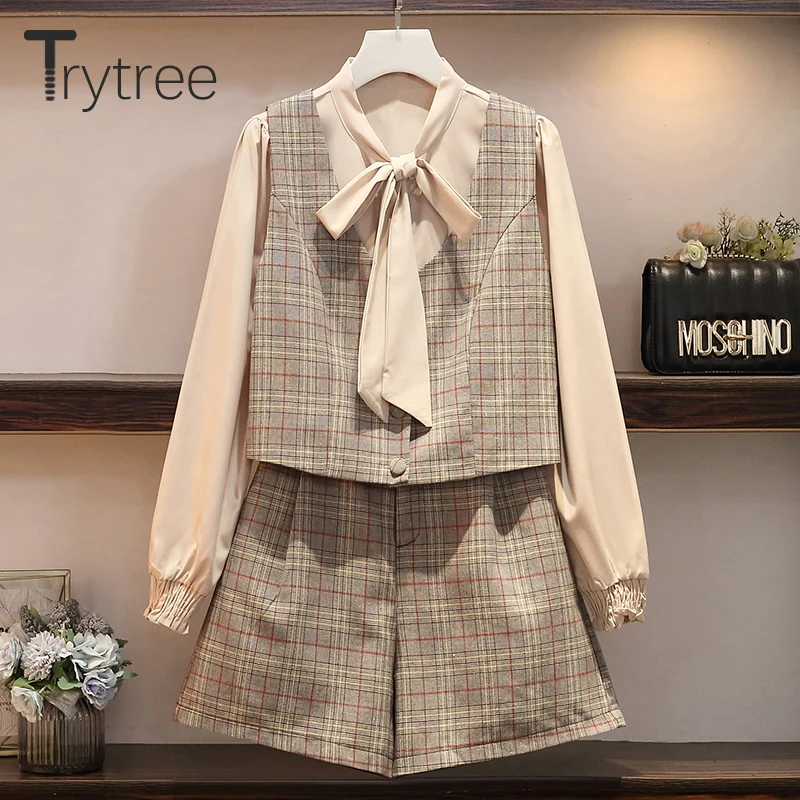 Trytree Autumn Women Plaid Three piece sets Casual Single-breasted Tank Top + Blouse + Shorts Zip Office Lady Suit 3 Piece Set 
Trytree Autumn Women Plaid Three piece sets Casual Single-breasted Tank Top + Blouse + Shorts Zip Office Lady Suit 3 Piece Set