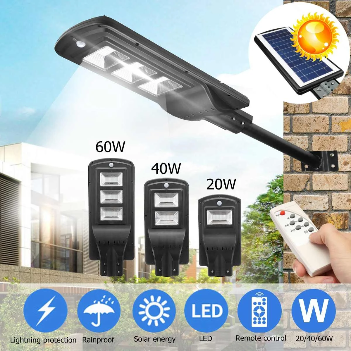 LED Street Light 20/40/60W LED Solar Light PIR Motion Sensor Wall Timing Lamp+Remote Waterproof for Plaza Garden Yard
LED Street Light 20/40/60W LED Solar Light PIR Motion Sensor Wall Timing Lamp+Remote Waterproof for Plaza Garden Yard