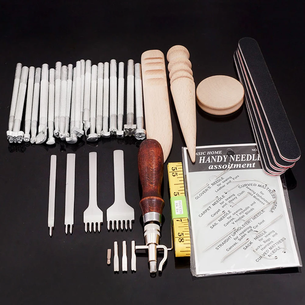 59pcs Practical Saddle Making Wide Use Leather Craft Kit Sewing Stitching Home Professional Hand Tools Stamping Wallets Punch
59pcs Practical Saddle Making Wide Use Leather Craft Kit Sewing Stitching Home Professional Hand Tools Stamping Wallets Punch