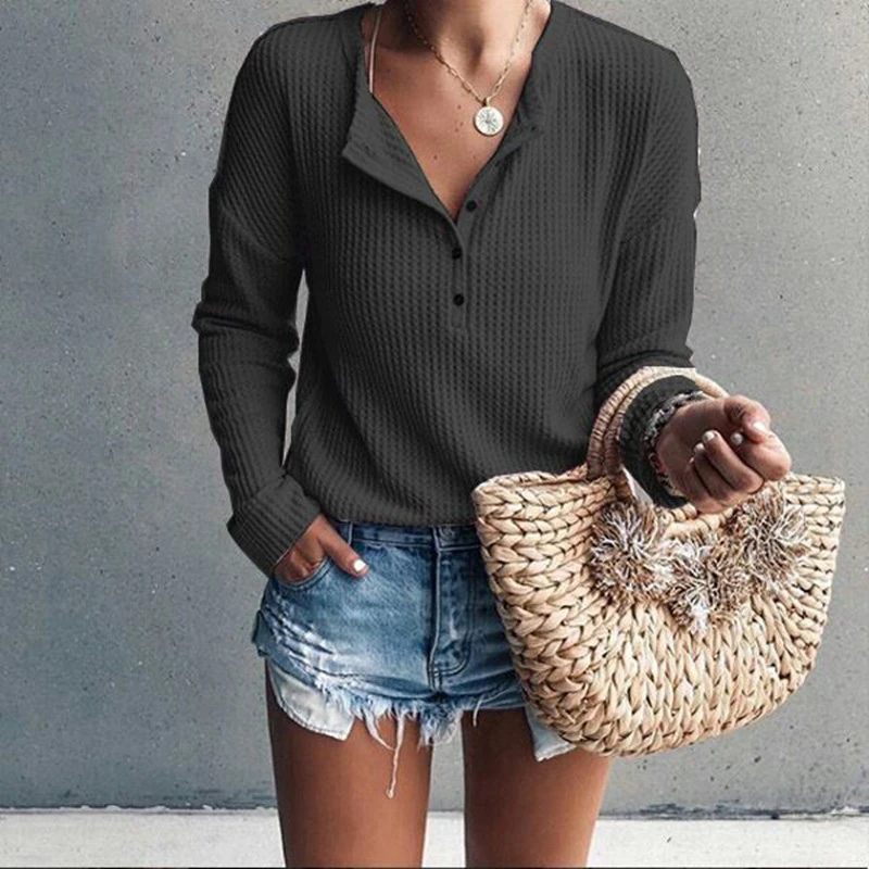 

Women's Tee shirt Long Sleeve Pure Color Loose Simple T-Shirt jewel Neck Women t-shirt 2019 Summer Autumn Black White Khaki