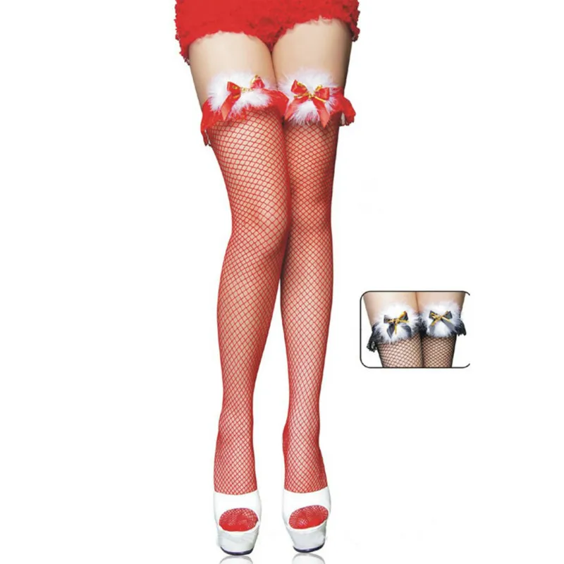 

Fashion Fishnet Stockings Christmas Thigh Highs with Bells Red & Black Thigh High Stockings XMAS