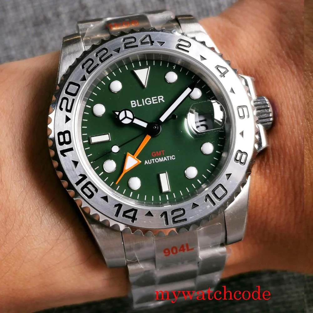 Bliger 40 мм Высокое качество Зеленый циферблат сапфировое стекло индикатор даты
