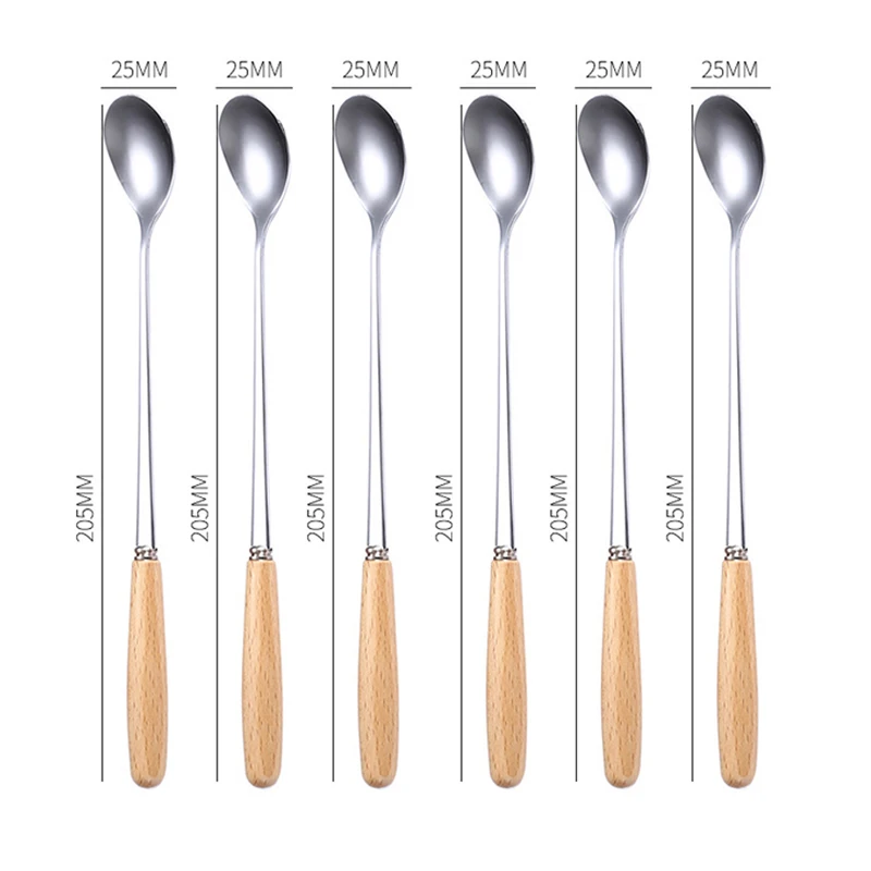 

6 Pcs Ice Spoons Small Wooden Long/Short Handle Spoon Stainless Steel Tiny Spoon Mini Coffee Spoon Kitchen Gadget Drop Shipping