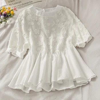 elegant white embroidery women blouse summer new o-neck short-sleeved ruffles slim lady elegant pulls outwear tops
elegant white embroidery women blouse summer new o-neck short-sleeved ruffles slim lady elegant pulls outwear tops