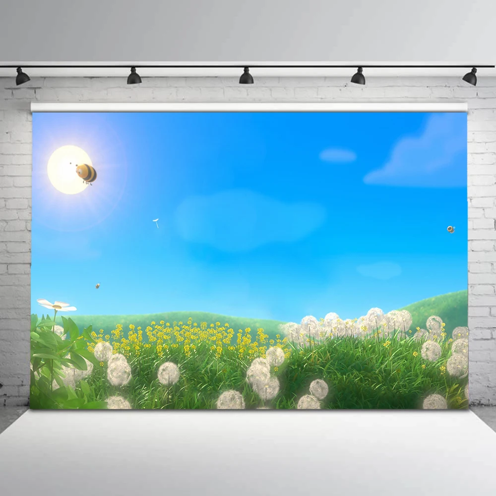 Spring Scenery photography backdrop green grass background for photo studio Blue sky Dandelion backdrops photobooth | Электроника