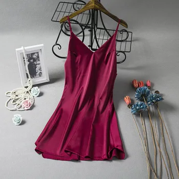 Lady Burgundy Homewear Spaghetti Strap Nightgown Satin Nighty Sexy Intimate Lingerie Home Clothes Sleepwear Bathrobe Nightdress