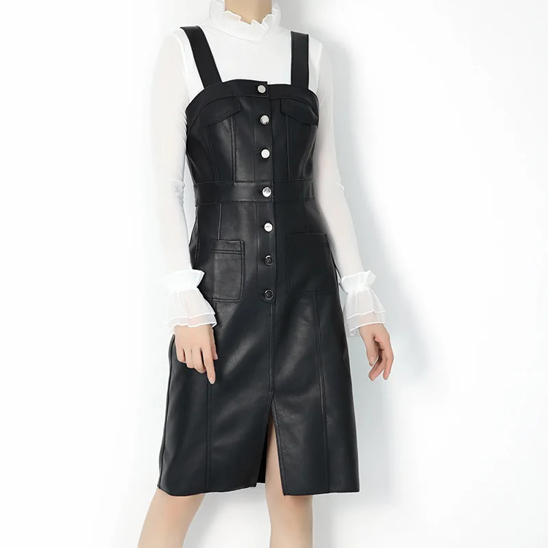 Women Brand new high quality leather sundress Fashion women's genuine leather elegant slip dress B345
Women Brand new high quality leather sundress Fashion women's genuine leather elegant slip dress B345