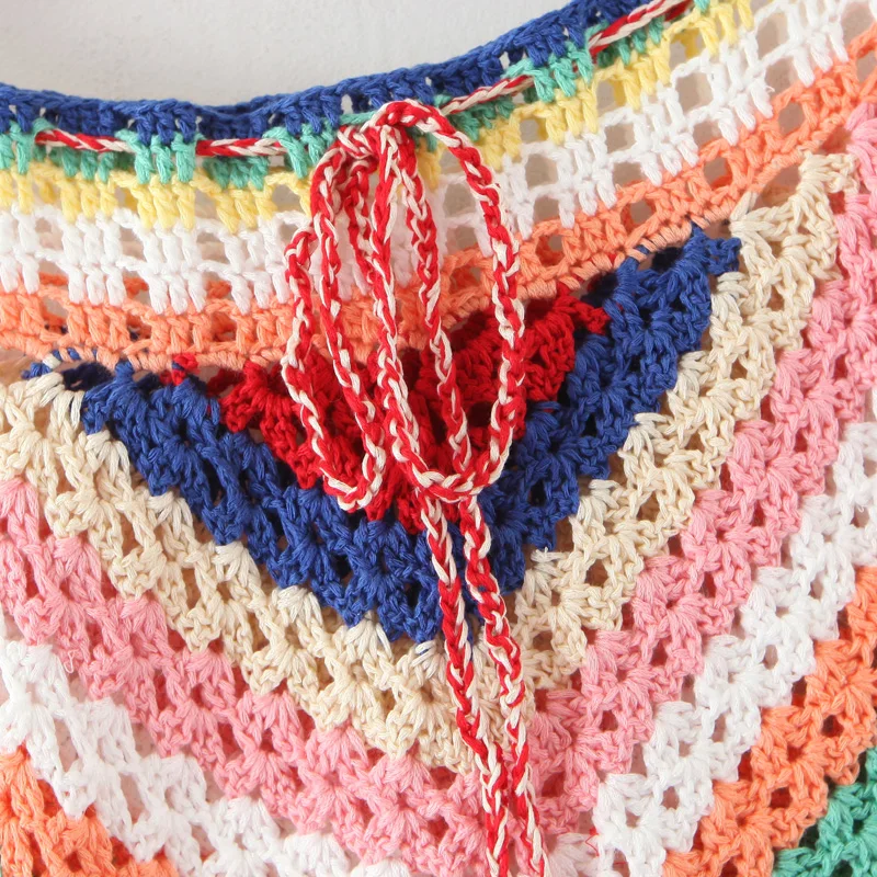 2020 BOHO Lacing up Colored Striped Hand crochet Cardigan Sweater Women Bandage Mini Short Shorts Half Sleeve Tops 2 Pieces Set