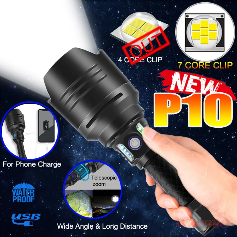New Super Bright 7-Core P10 LED Flashlight with Oversized Convex Lens Glare Adventure Lighting with Power Bank Function 18650
New Super Bright 7-Core P10 LED Flashlight with Oversized Convex Lens Glare Adventure Lighting with Power Bank Function 18650