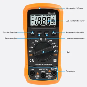 PM8233D Auto-Ranging Digital Multimeter Home Measuring Tools with LCD NCV Capacitor Switchable Auto Range Voltage Multimeter
PM8233D Auto-Ranging Digital Multimeter Home Measuring Tools with LCD NCV Capacitor Switchable Auto Range Voltage Multimeter