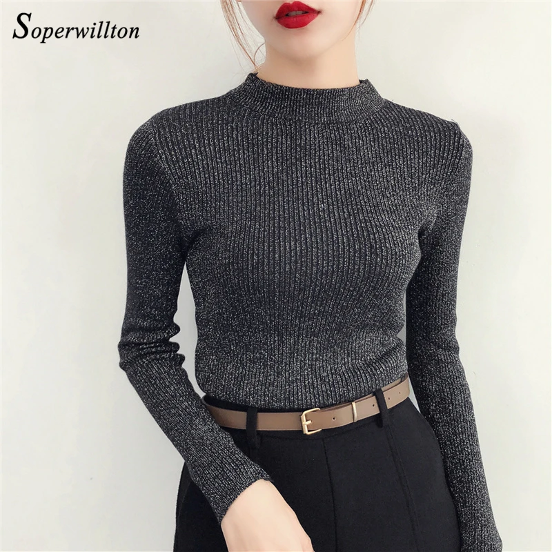 2019 Long Sleeve Pullover Women's Sweater Shiny Lurex Half-Collar Casual Pull Femme Black Pink Sweaters Ladies Wool | Женская одежда