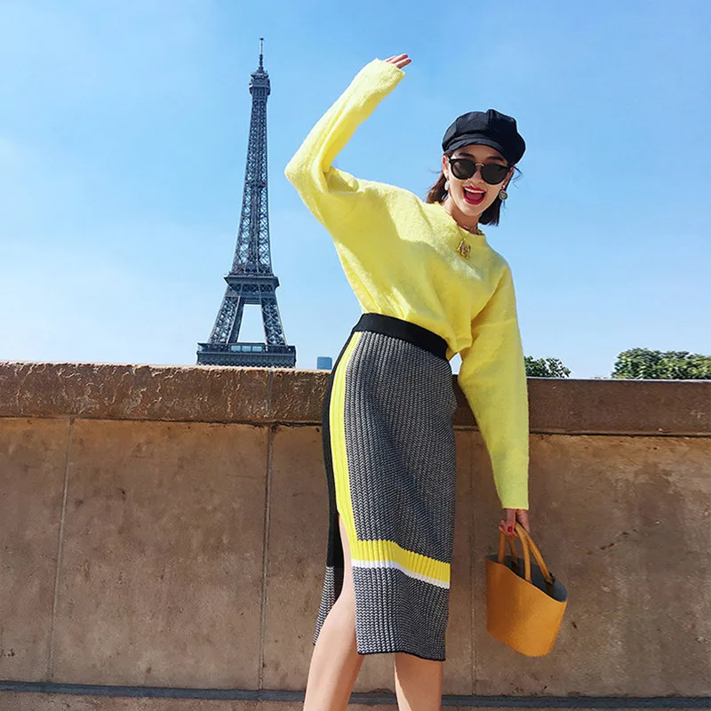 Candy colors Sweater Sets Autumn New Loose O-neck Knitted Pullover Tops and Patchwork Plaid Bodycon Pencil Skirt 2 Piece Sets 
Candy colors Sweater Sets Autumn New Loose O-neck Knitted Pullover Tops and Patchwork Plaid Bodycon Pencil Skirt 2 Piece Sets