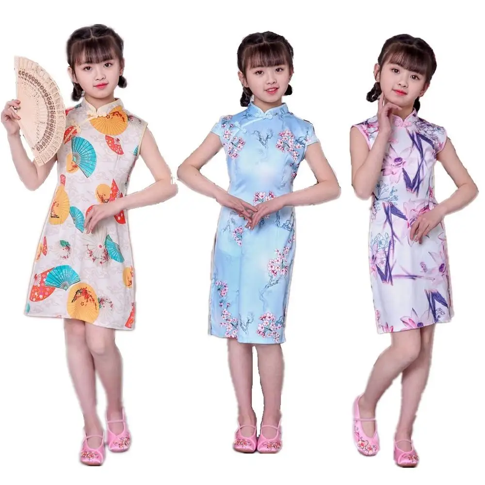 

Silk Girl Qipao Dress Chinese Children Chi-Pao Cheongsam Dresses Traditional Costume Tang Clothes One-Piece Outfits Pettiskirt