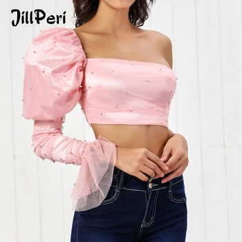 

JillPeri Women Puff Sleeve Crop Top Sexy Slash Neck Luxury Peal Ultra Short Shirt One Shoulder Flare Outfit Street Little Tops