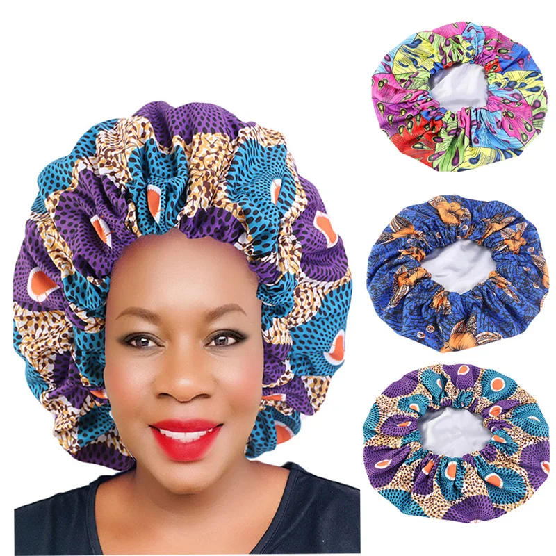 Women Night Sleep Cap African Pattern Ankara Print Bonnet Satin Lining Soft Extra Large Head Wear Ladies Headwrap Hair Care Hat |
