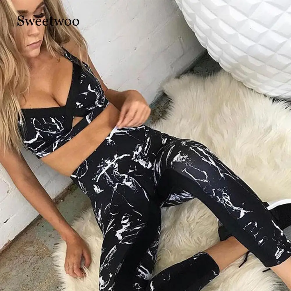 

Marble Print Women Yoga Sets Sportswear Tracksuit Gym Wear Running Clothing Ensemble Sport Suit Sexy Fitness Top Leggings