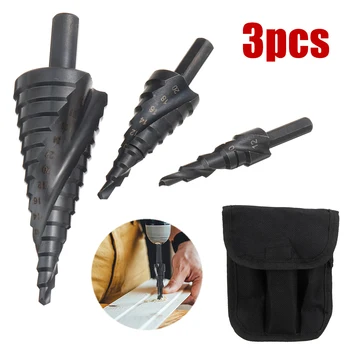 3Pcs HSS Spiral Step Cone Drill Bit For Metal Wood Hex Shank Stepped Bit 4-12/20/32mm Carpenter Tools Center Drill Hole