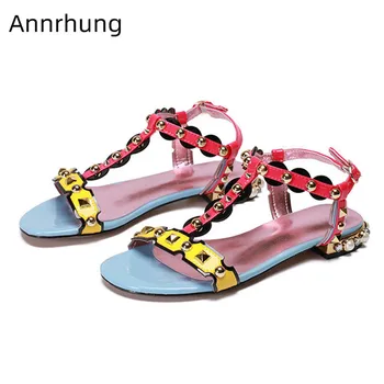 Genuine Leather Mixed Color Summer Shoes Woman T-strap Open Toe Rivet Pearl Decor Flat Sandals Women Fashion Sandalias
Genuine Leather Mixed Color Summer Shoes Woman T-strap Open Toe Rivet Pearl Decor Flat Sandals Women Fashion Sandalias