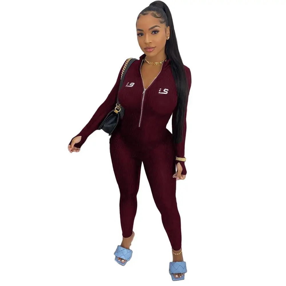 

Adogirl Letter Embroidery Ribbed Jumpsuit Women Long Sleeve Zipper Slim Romper 2020 Autumn Casual Fitness Playsuit Sportswear