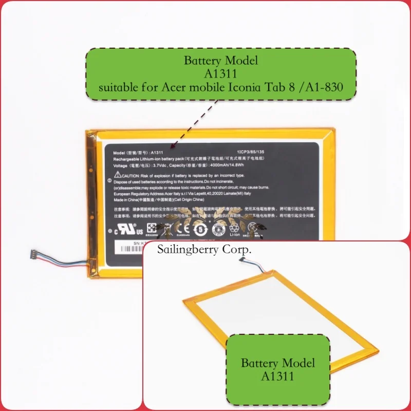 Built-in battery suitable for Acer-mobile Iconia Tab 8 / A1-830with battery model A1311
Built-in battery suitable for Acer-mobile Iconia Tab 8 / A1-830with battery model A1311