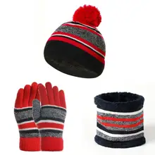 

Hat Kids Winter Woolen Yarn Knitted Pompom Beanie Neck Scarf Gloves Warm Set