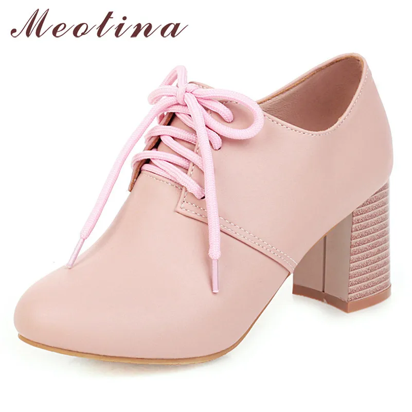 

Meotina High Heels Women Pumps Fashion Square High Heels Derby Shoes Lace Up Round Toe Shoes Ladies 2020 Spring Large Size 33-46