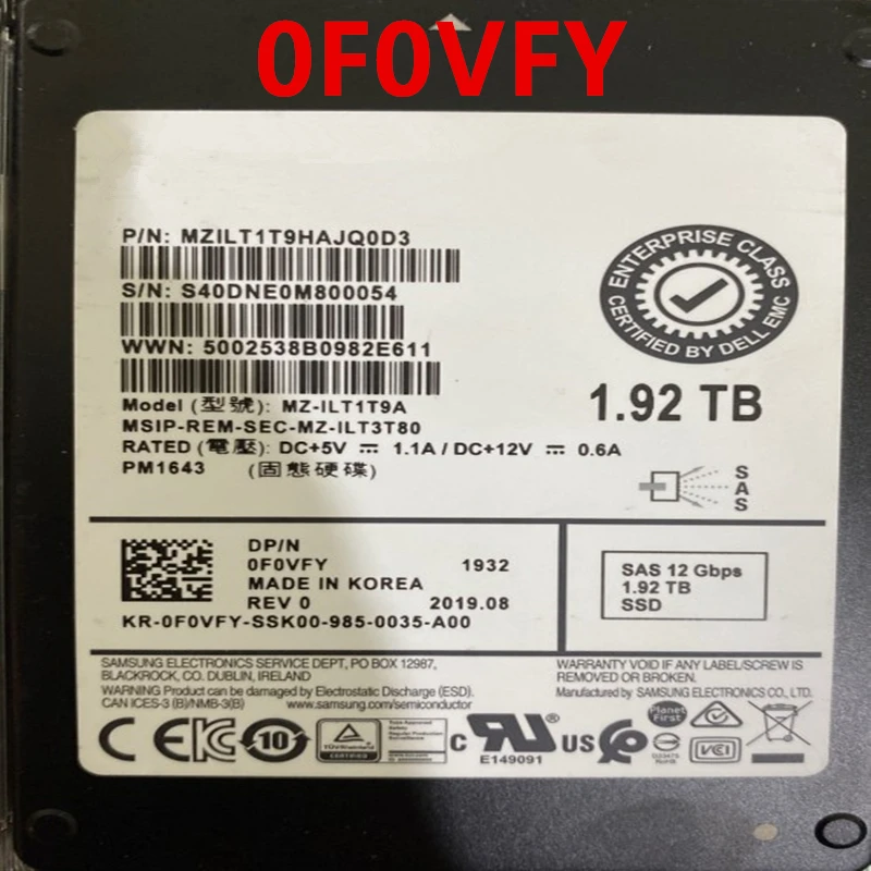 

Almost New Original SSD For DellEMC R740 1.92TB 2.5" SAS For Internal SSD For Enterprise SSD For 0F0VFY F0VFY MZ-ILT1T9A PM1643