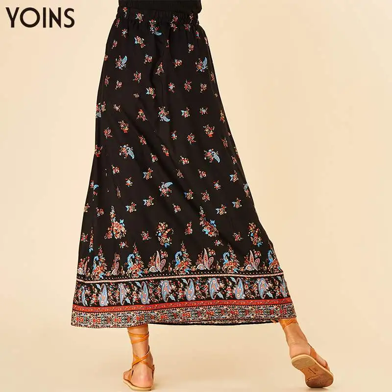 

YOINS 2019 Summer Autumn Women Pleated Skirt Bohemian Vestido Black Floral Print Long Maxi Skirt Vintage Party Skirts Streetwear