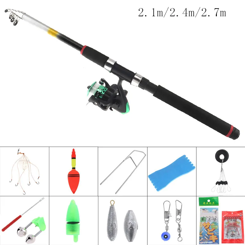 

2.1m 2.4m 2.7m Fishing Rod Reel Line Combo Full Kits Spinning Reel Pole Set with Fishing Float Hooks Beads Bell Weight Etc