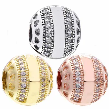 New 925 Sterling Silver Bead Charm Rose Gold Sparkling Stripes Logo Hearts Clip Stopper Beads Fit Bracelet Diy Jewelry