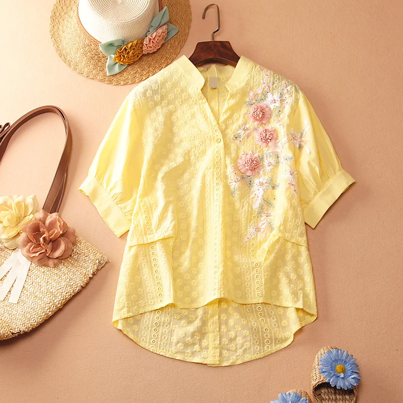 Summer Women Tops Shirt Korean-Style Beaded V-neck Embroidered Front Short Long Back Casual White Shirt Beaded Lady's Blouses
Summer Women Tops Shirt Korean-Style Beaded V-neck Embroidered Front Short Long Back Casual White Shirt Beaded Lady's Blouses
