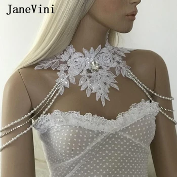 

JaneVini 2020 Vintage Lace Shoulder Chain Halter Bridal Necklace Applique Pearls Women Prom Shoulder Wedding Jewelry Accessories